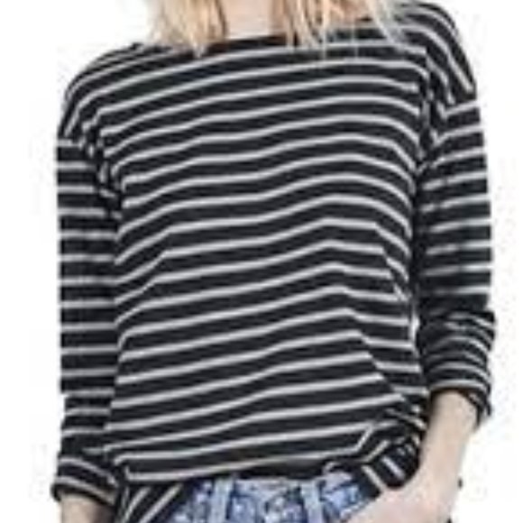 Everlane The Boxy Striped tee gray black boat neck sz S - Picture 2 of 6